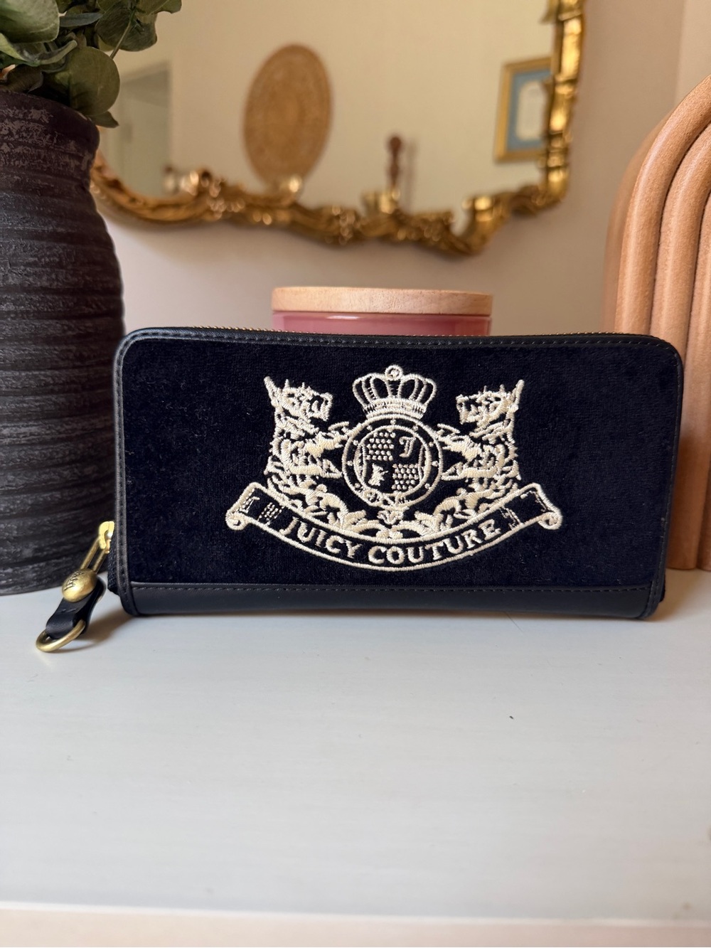 Juicy Couture Black Velvet Wallet with Ivory Crest Embroidery